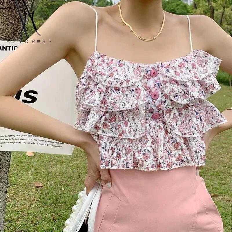 nvxiot  -   Ruffle Korean Sweet Holiday Top 2021 Summer Beach Floral Sexy Tops Women Backless Print Lace Kawaii Chiffon Blouse