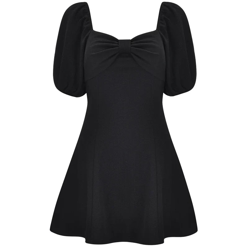 nvxiot  -  French Bow, Low-cut, Large Lantern Sleeves, Elastic Waist, A-line Dress, Little Black Dress