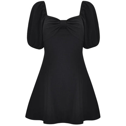 nvxiot  -  French Bow, Low-cut, Large Lantern Sleeves, Elastic Waist, A-line Dress, Little Black Dress