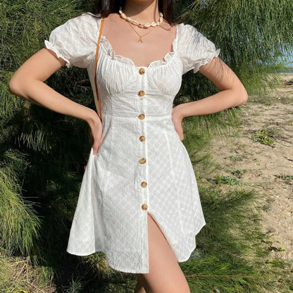 nvxiot  -  French Minority Retro Bubble Sleeve Short Skirt Button White Lace Short Sleeve Dress