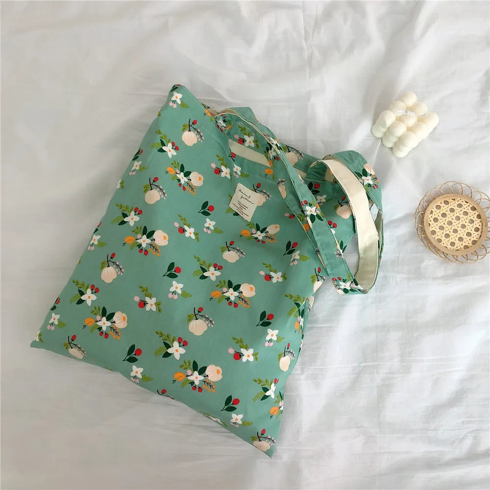 vzyzv  -  Women Canvas Flower Shoulder Bag Retro Floral Cotton Fabric  Big Shopping Bags Girls Reusable Folding Books Tote