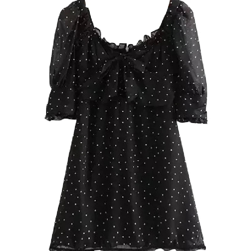 nvxiot  -  French Minority Retro Sexy Square Neck Bubble Sleeve Mesh Short Sleeve Polka Dot Dress Skirt