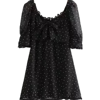 nvxiot  -  French Minority Retro Sexy Square Neck Bubble Sleeve Mesh Short Sleeve Polka Dot Dress Skirt