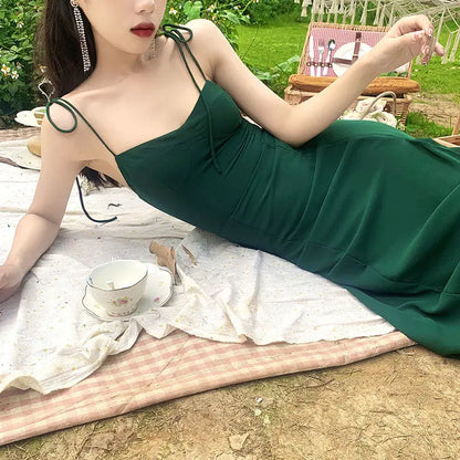 vzyzv  -  French Retro V-Neck Green Chiffon Strap Dress Womem Vintage Sweet Midi Camisole Dress Side Split Casual Long Dress New