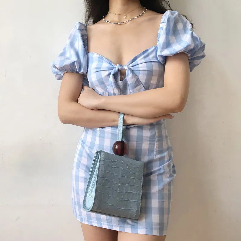 nvxiot  -  European and American Retro Chest Bow Square Neck Bubble Sleeve Slim Blue White Plaid Dress