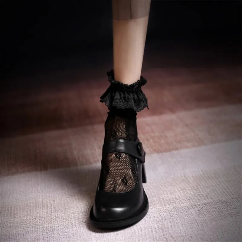 vzyzv  -  White Black Mary Jane Shoes Women's Round Head Lolita Retro High Chunky Heels Jk Uniform Female Elegance Lady Gothic Women Shoes