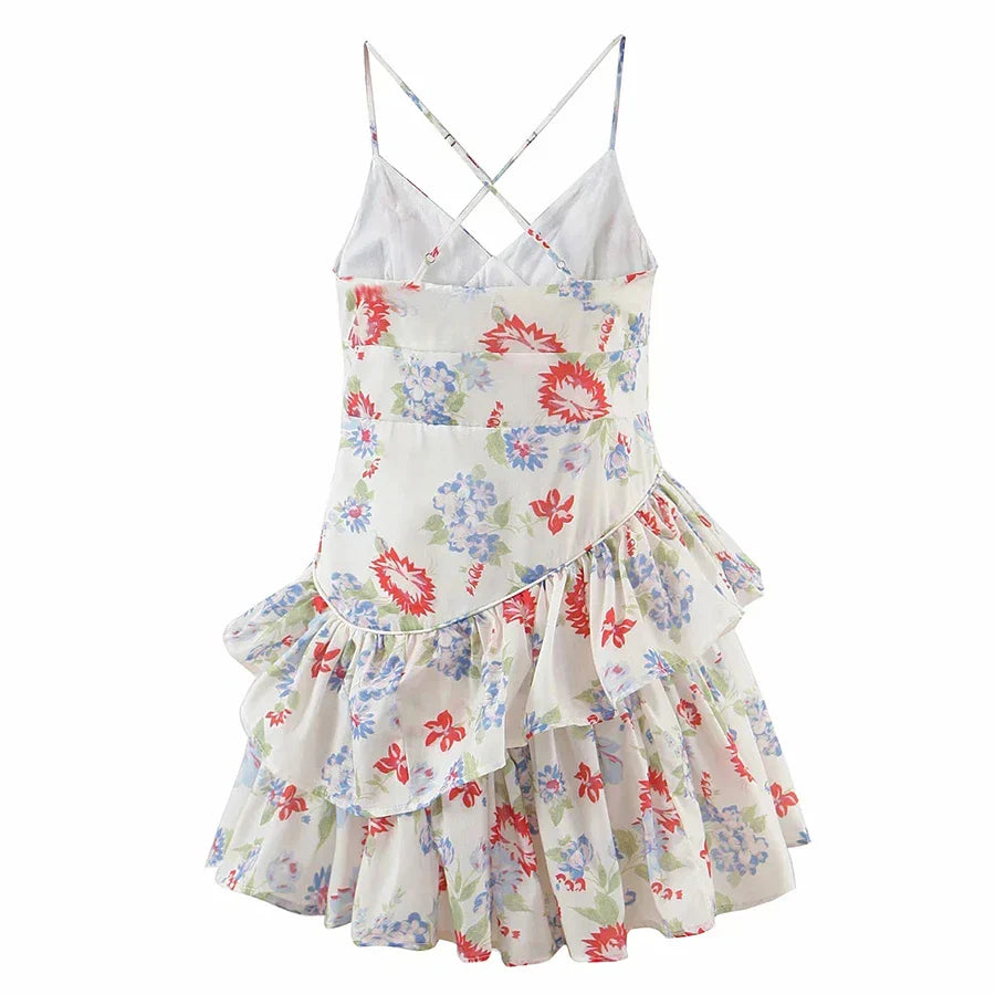 vzyzv -  Floral Print Mini Dress Summer Holiday Chic Dress Women Spaghetti Straps V-neck Ruffles Tiered Party Ladies Dresses