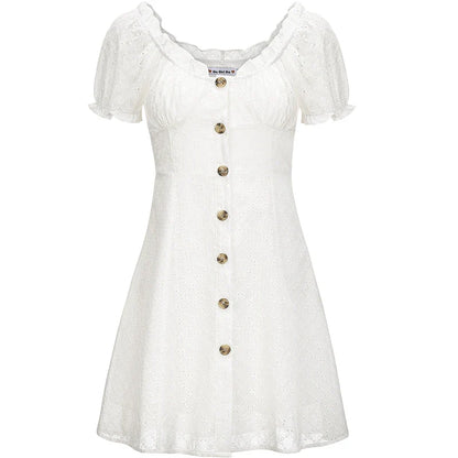 nvxiot  -  French Minority Retro Bubble Sleeve Short Skirt Button White Lace Short Sleeve Dress