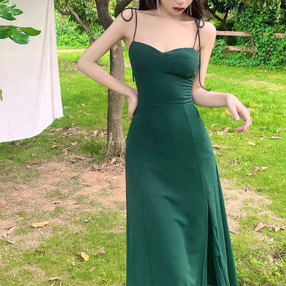 vzyzv  -  French Retro V-Neck Green Chiffon Strap Dress Womem Vintage Sweet Midi Camisole Dress Side Split Casual Long Dress New