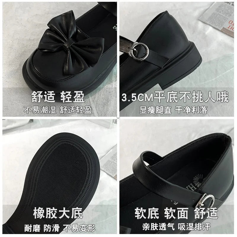 vzyzv  -  Korean Japanese Harujuku Female Student Jk Uniform Loli Shoes Soft Girl Button Bow Mid Heel 3.5cm Anime Cosplay Women Flats