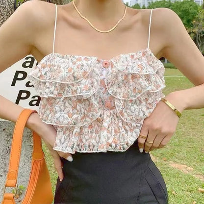 nvxiot  -   Ruffle Korean Sweet Holiday Top 2021 Summer Beach Floral Sexy Tops Women Backless Print Lace Kawaii Chiffon Blouse