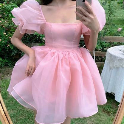 vzyzv  -  Woman Sweet Pink Dress Summer Retro Elegant Square Collar Puff Sleeve Fluffy Dress Korean Organza Mini Princess Dress