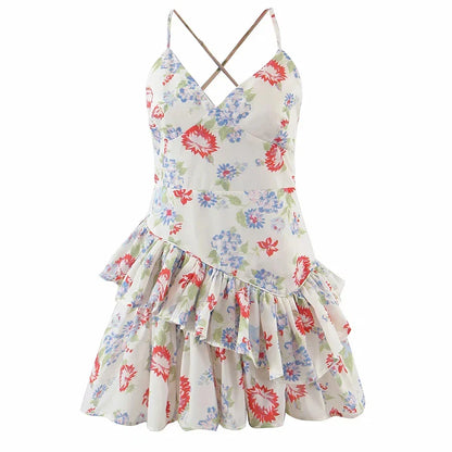 vzyzv -  Floral Print Mini Dress Summer Holiday Chic Dress Women Spaghetti Straps V-neck Ruffles Tiered Party Ladies Dresses