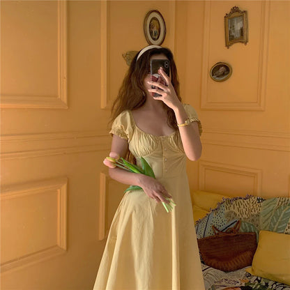 nvxiot  -  Is Tender Goose Yellow Girl's First Love One Shoulder A-type Large Swing Cotton Dress