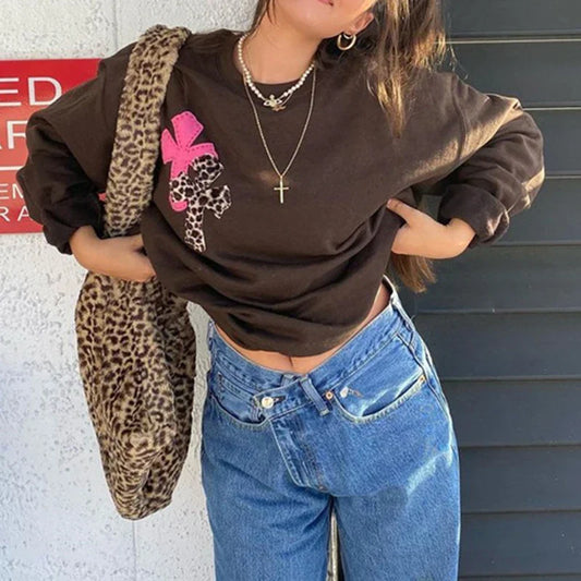 vzyzv  -  90s Aesthetics Leopard Print Oversized Brown Tops Y2K Vintage Crewneck Long Sleeve Sweatshirts Indie Outfits Streetwear