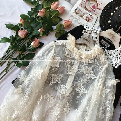 vzyzv  -  French temperament elegant palace style flower embroidery lantern sleeve lace vintage retro top  princess lace top shirt court