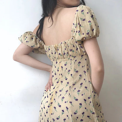 nvxiot  -  French Drawstring Bandage Chiffon Tulip Print Bubble Sleeve Waist Down Dress