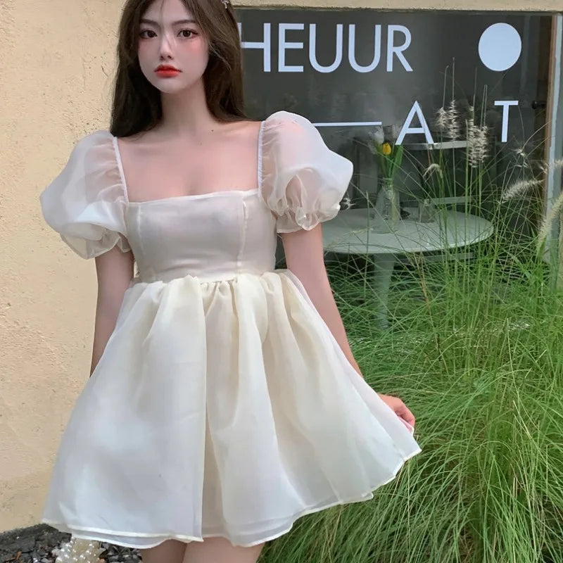 vzyzv  -  Woman Sweet Pink Dress Summer Retro Elegant Square Collar Puff Sleeve Fluffy Dress Korean Organza Mini Princess Dress