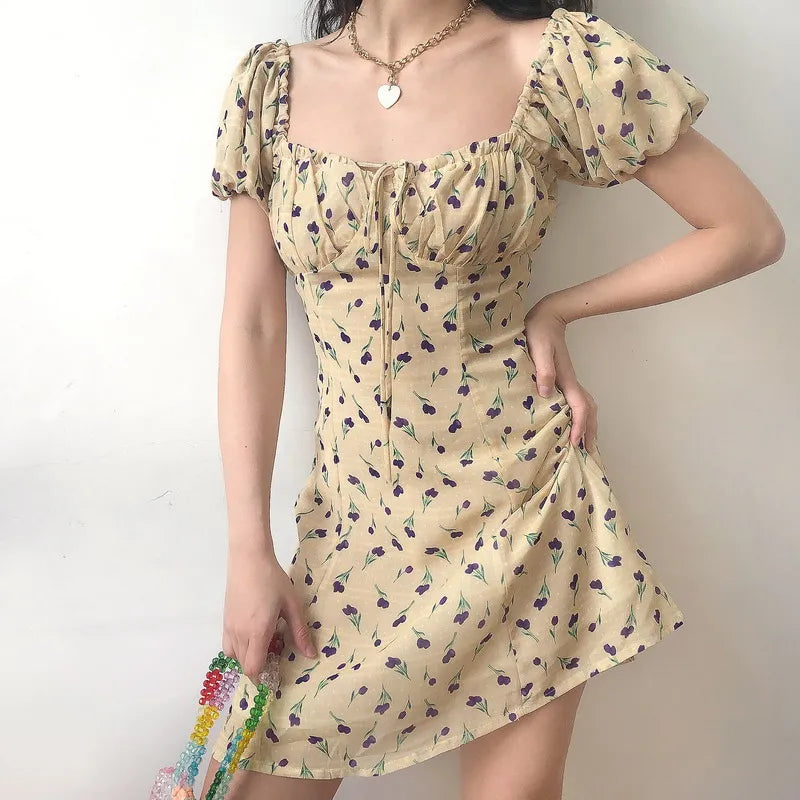 nvxiot  -  French Drawstring Bandage Chiffon Tulip Print Bubble Sleeve Waist Down Dress