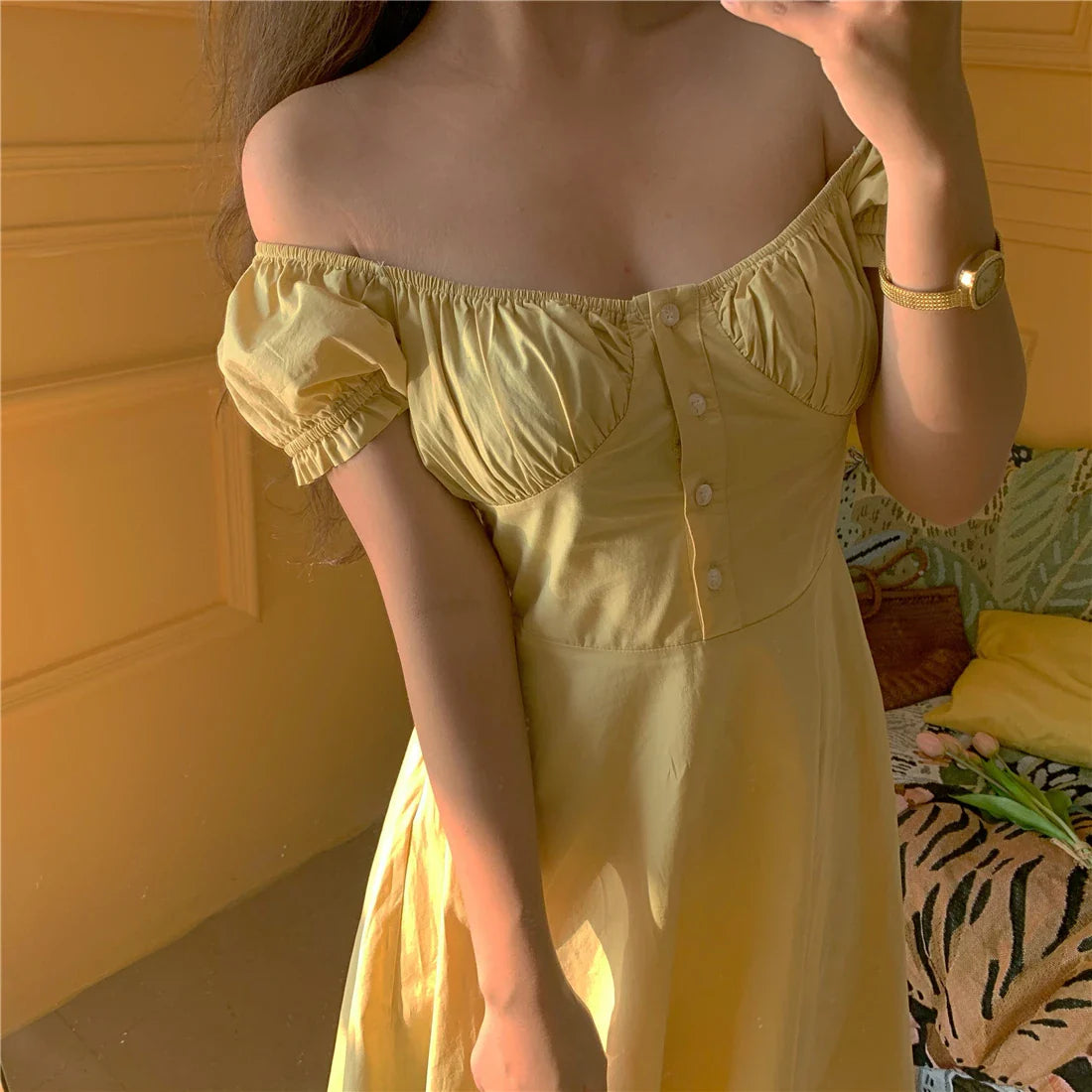 nvxiot  -  Is Tender Goose Yellow Girl's First Love One Shoulder A-type Large Swing Cotton Dress