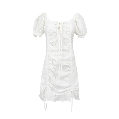 vzyzv -  Lace-Up front white summer Dress new Ruffled Trim sexy Dress for women cotton mini hollow out ladies dress