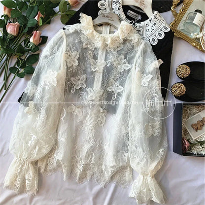 vzyzv  -  French temperament elegant palace style flower embroidery lantern sleeve lace vintage retro top  princess lace top shirt court