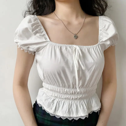 nvxiot  -  French Retro White Lace Edge Square Neck Short Sleeve Shirt Women's Bubble Sleeve Waist Down