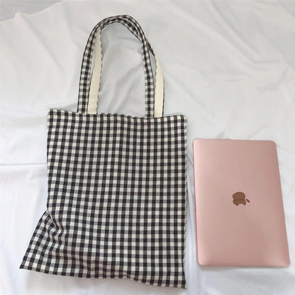 vzyzv  -  Women Cloth Eco Bag Korean Canvas Shoulder Large Shopping Bags Plaid Ladies Pouch Girls Book Handbags Bolsa Feminina Bolsa Tela