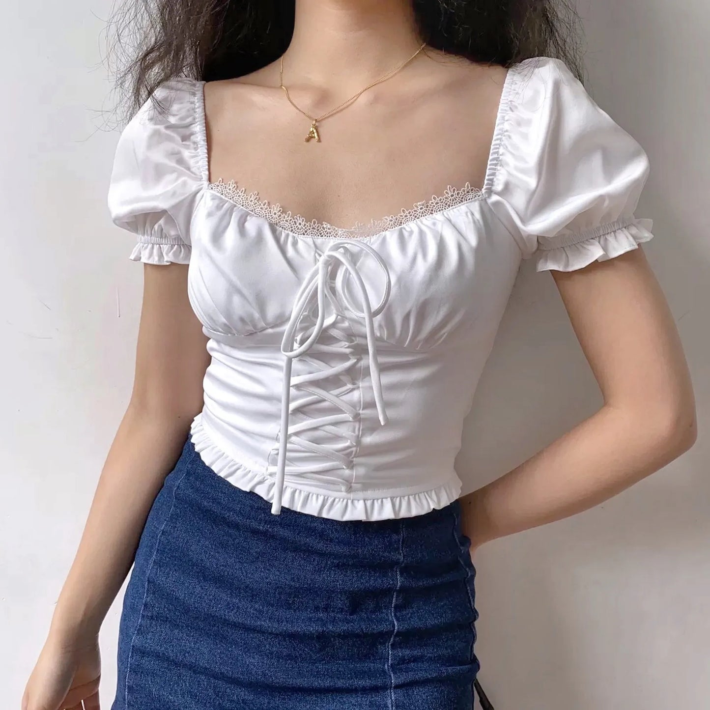 nvxiot  -  Alice Style Lace Bandage Slim Fold Bubble Sleeve Short Sleeve Shirt Top