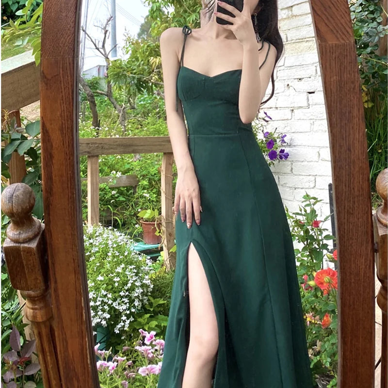 vzyzv  -  French Retro V-Neck Green Chiffon Strap Dress Womem Vintage Sweet Midi Camisole Dress Side Split Casual Long Dress New