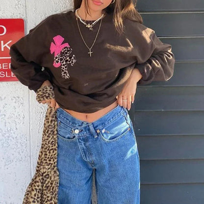 vzyzv  -  90s Aesthetics Leopard Print Oversized Brown Tops Y2K Vintage Crewneck Long Sleeve Sweatshirts Indie Outfits Streetwear