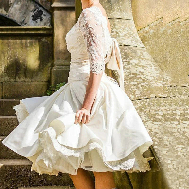 vzyzv  -  Elegant Short Wedding Dress Scoop Neck Knee Length Half Sleeves Women Bridal Gown