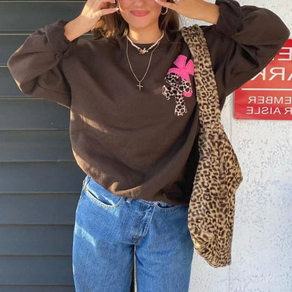 vzyzv  -  90s Aesthetics Leopard Print Oversized Brown Tops Y2K Vintage Crewneck Long Sleeve Sweatshirts Indie Outfits Streetwear