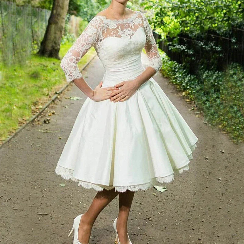 vzyzv  -  Elegant Short Wedding Dress Scoop Neck Knee Length Half Sleeves Women Bridal Gown