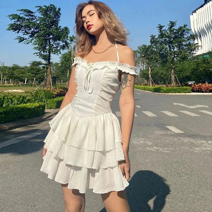 vzyzv  -  Summer Mini Dresses Beach Holiday Strapless of Long Sling Elegant Lacing Casual Cake Dress Street Fashion Robes Women