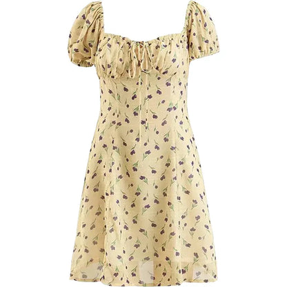 nvxiot  -  French Drawstring Bandage Chiffon Tulip Print Bubble Sleeve Waist Down Dress