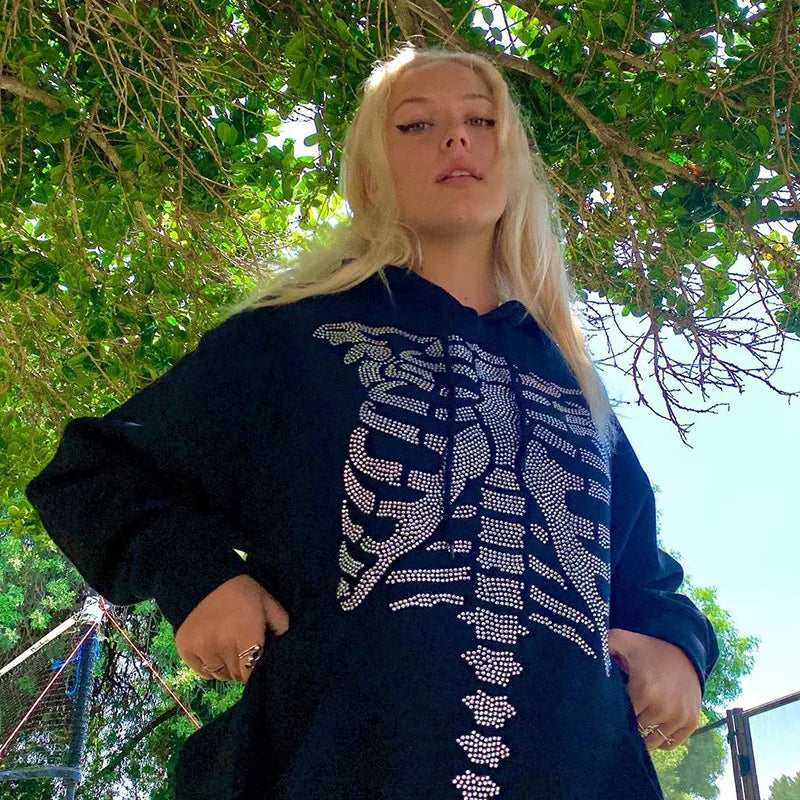 vzyzv  -  Anime  Punk Streetwear Rhinestone Skeleton Oversized Hoodies Mall Y2K Loose Long Sleeve E-girl Black Sweatshirt Outfits top