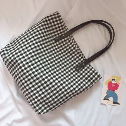 vzyzv  -  Korean Vintage Plaid Women Large Capacity Big Tote Cotton Fabric Eco Book Reusable Shoulder Bags Casual Girl Travel Handbag