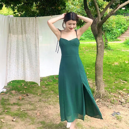 vzyzv  -  French Retro V-Neck Green Chiffon Strap Dress Womem Vintage Sweet Midi Camisole Dress Side Split Casual Long Dress New