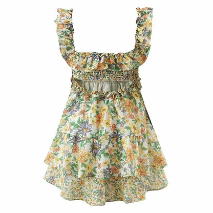 TAVIMART  -  Floral Printed Mini Dress Ruffles Hollow Out Vintage Chic Holiday Women Dress Sleeveless Tiered Sexy Ladies Dresses