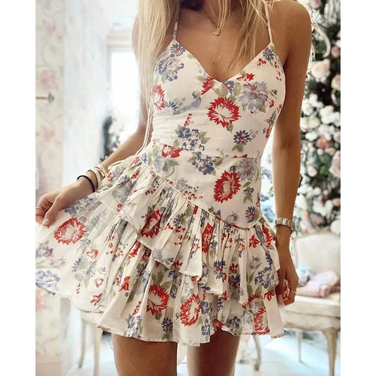 vzyzv -  Floral Print Mini Dress Summer Holiday Chic Dress Women Spaghetti Straps V-neck Ruffles Tiered Party Ladies Dresses