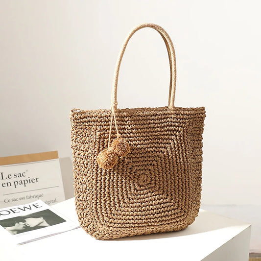 vzyzv  -  Cute fur ball straw bag new wild large-capacity hand-woven bag women's shoulder handbag beach bag