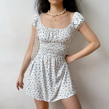 nvxiot  -  French Retro Idyllic Fresh Floral One Line Neckline Stretch Wrap Chest Short Sleeve Dress