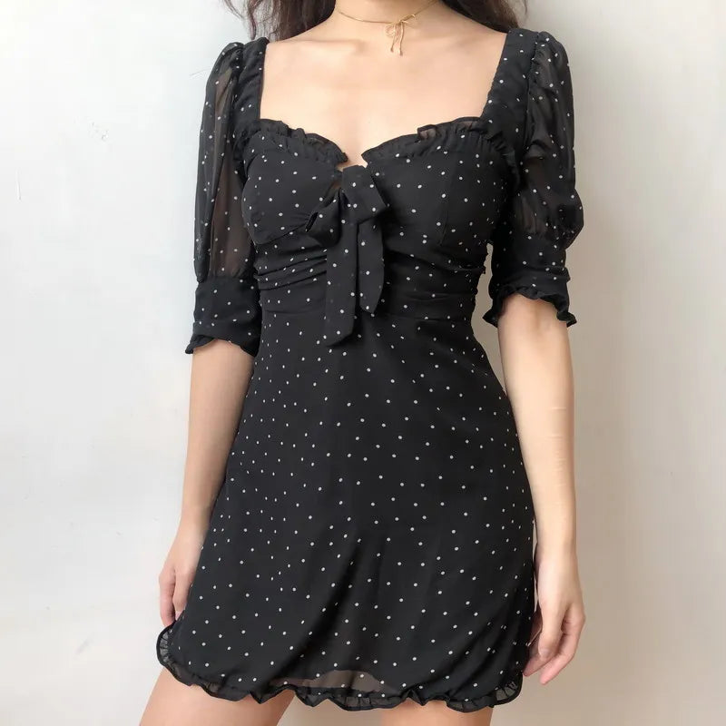 nvxiot  -  French Minority Retro Sexy Square Neck Bubble Sleeve Mesh Short Sleeve Polka Dot Dress Skirt