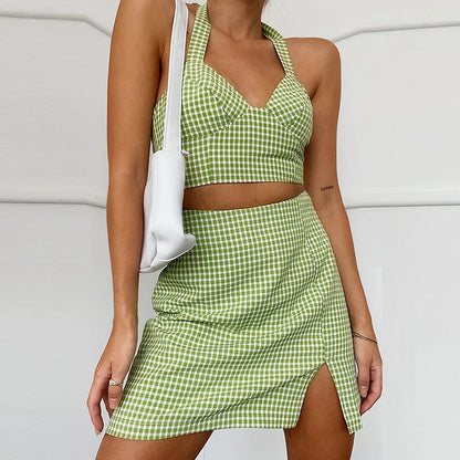 vzyzv -  Summer Green Plaid Print Halter Neck 2 Two Piece Set Women High Waist Sexy Mini A Line Skirt Sleeveless Y2k Crop Tops Suit