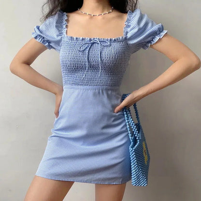 nvxiot  -  Little Fresh Pleated Blue White Plaid Bubble Sleeve Square Neck Short Sleeve A-line Dress