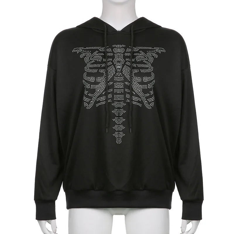 vzyzv  -  Anime  Punk Streetwear Rhinestone Skeleton Oversized Hoodies Mall Y2K Loose Long Sleeve E-girl Black Sweatshirt Outfits top