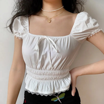 nvxiot  -  French Retro White Lace Edge Square Neck Short Sleeve Shirt Women's Bubble Sleeve Waist Down