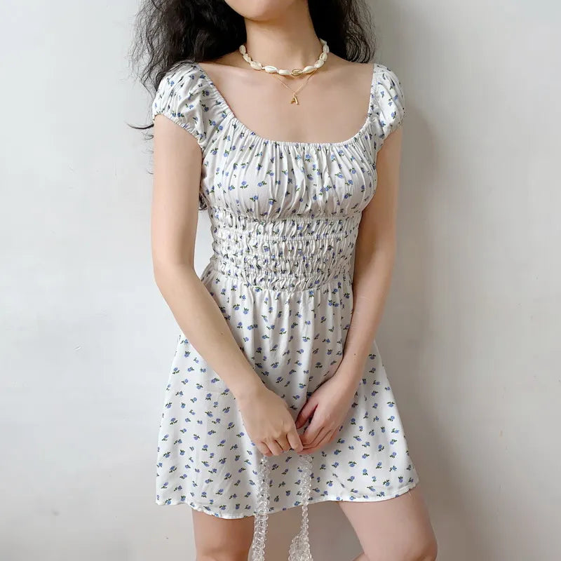 nvxiot  -  French Retro Idyllic Fresh Floral One Line Neckline Stretch Wrap Chest Short Sleeve Dress