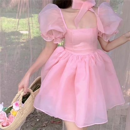 vzyzv  -  Woman Sweet Pink Dress Summer Retro Elegant Square Collar Puff Sleeve Fluffy Dress Korean Organza Mini Princess Dress